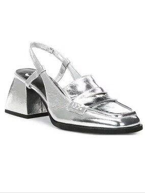 GB Gianni Bini Slingback Heeled Loafers Sz 8 Silver Metallic Crinkle Leather NEW